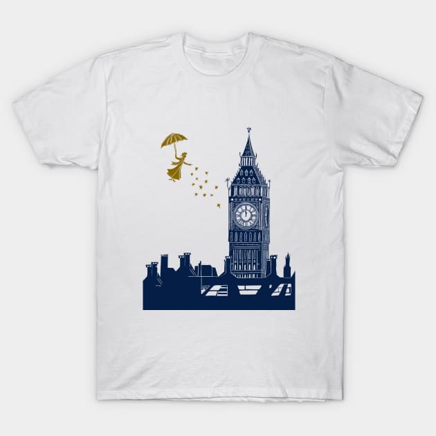 Mary Poppins and Big Ben Linocut T-Shirt by Maddybennettart